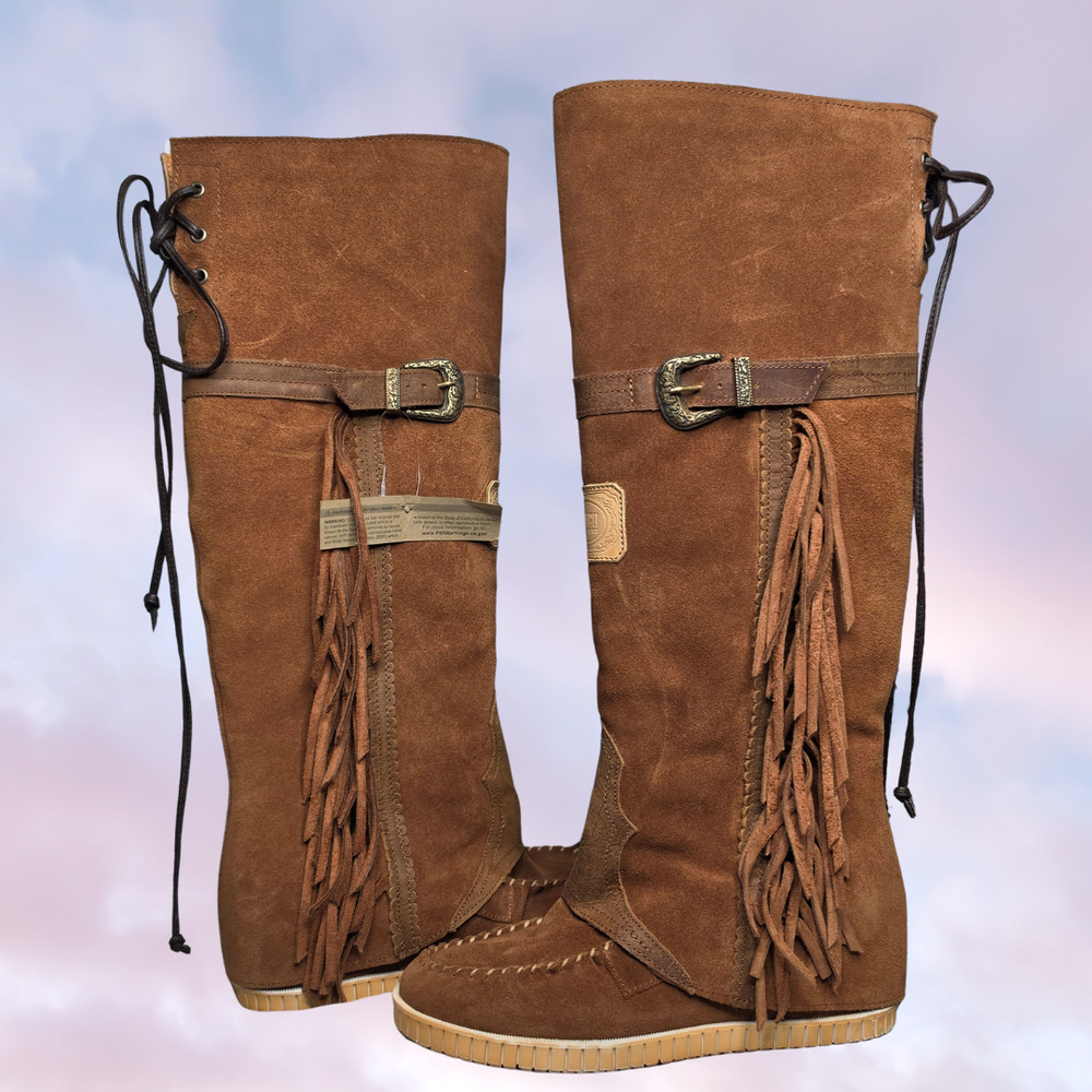 Dingo Lakota Tall Brown Fold Over Fringe Wedge Western Boho Festival Boot 7.5